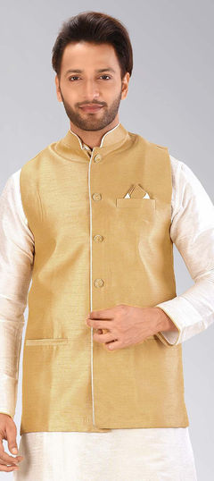 Beige and Brown color Nehru Jacket in Art Dupion Silk fabric with Thread work