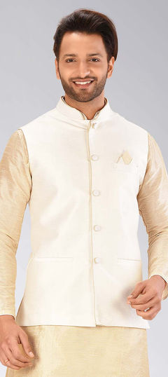 Beige and Brown color Nehru Jacket in Art Dupion Silk fabric with Thread work