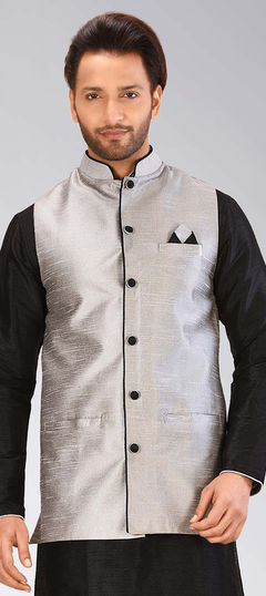 Black and Grey color Nehru Jacket in Art Dupion Silk fabric with Thread work