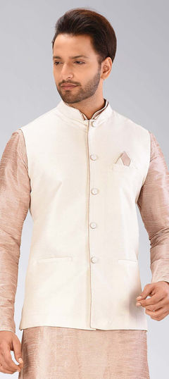 Beige and Brown color Nehru Jacket in Art Dupion Silk fabric with Thread work
