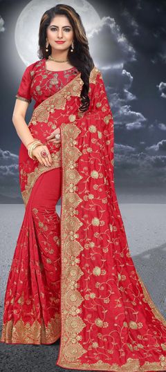 Red and Maroon color Saree in Silk, Two Ton Silk fabric with Embroidered, Stone, Thread, Zari work