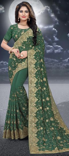 Green color Saree in Silk, Two Ton Silk fabric with Embroidered, Stone, Thread, Zari work