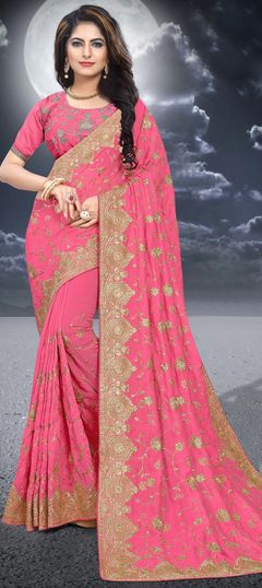 Pink and Majenta color Saree in Silk, Two Ton Silk fabric with Embroidered, Stone, Thread, Zari work