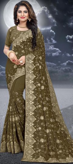 Green color Saree in Silk, Two Ton Silk fabric with Embroidered, Stone, Thread, Zari work