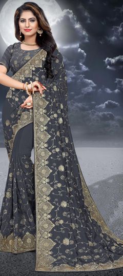 Black and Grey color Saree in Silk, Two Ton Silk fabric with Embroidered, Stone, Thread, Zari work