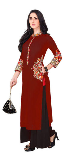 Red and Maroon color Tunic with Bottom in Rayon fabric with Embroidered, Resham, Thread work