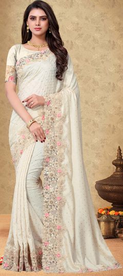 White and Off White color Saree in Art Silk, Silk fabric with Embroidered, Resham, Sequence, Stone, Thread work