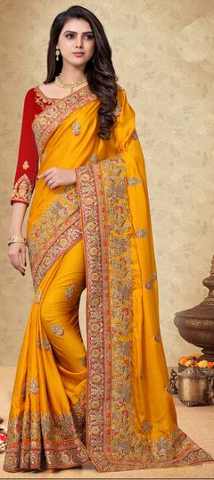 Reception, Traditional, Wedding Yellow color Saree in Satin Silk fabric with Classic Border, Embroidered, Patch, Thread, Zari work : 1653866