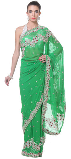 Green color Saree in Georgette fabric with Cut Dana, Zircon work