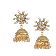 Gold Rodium Polish White and Off White color Earrings in Brass studded with Kundan, Pearl