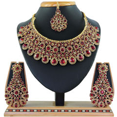 Gold Rodium Polish Red and Maroon color Necklace in Metal Alloy studded with CZ Diamond