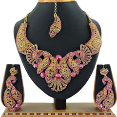 Gold Rodium Polish Pink and Majenta color Necklace in Metal Alloy studded with CZ Diamond