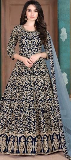 Blue color Salwar Kameez in Faux Georgette fabric with Bugle Beads, Embroidered work