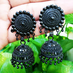 Enamel Black and Grey color Earrings in Brass studded with Beads