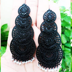Enamel Black and Grey color Earrings in Brass studded with Pearl