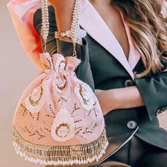 Pink and Majenta color Potli in Velvet fabric with Bugle Beads work