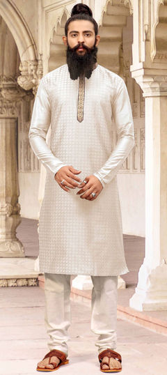 White and Off White color Kurta Pyjamas in Dupion Silk fabric with Thread work
