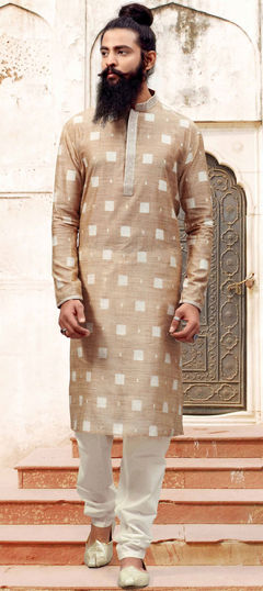 Beige and Brown color Kurta Pyjamas in Viscose fabric with Thread work