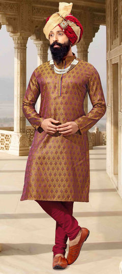Gold color Kurta Pyjamas in Jacquard fabric with Thread work