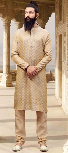 Beige and Brown color Kurta Pyjamas in Jacquard fabric with Thread work