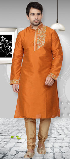 Beige and Brown color Kurta Pyjamas in Dupion Silk fabric with Embroidered, Thread work