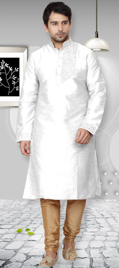 White and Off White color Kurta Pyjamas in Dupion Silk fabric with Embroidered, Thread work