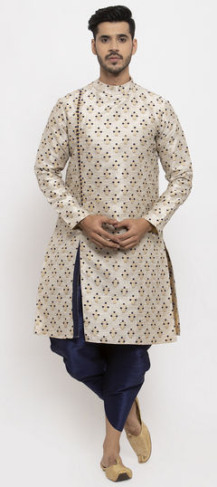 Beige and Brown color Dhoti Kurta in Brocade fabric with Thread work