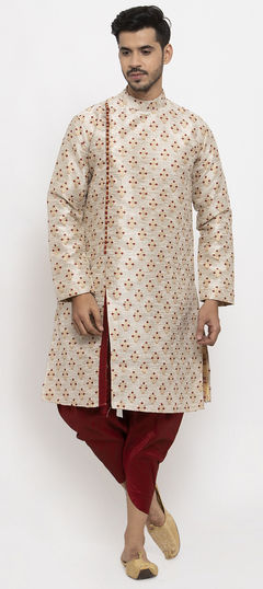 Beige and Brown color Dhoti Kurta in Brocade fabric with Thread work