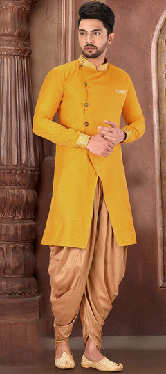 Yellow color Kurta Pyjamas in Art Dupion Silk fabric with Thread work