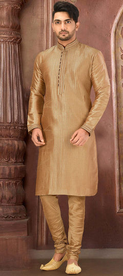 Beige and Brown color Kurta Pyjamas in Art Dupion Silk fabric with Printed work