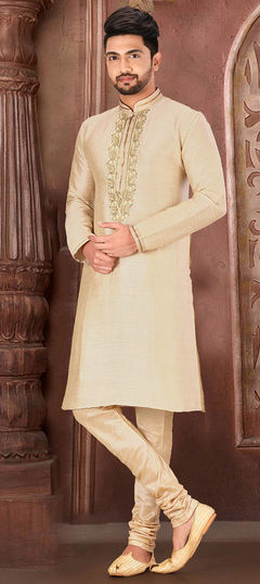 Beige and Brown color Kurta Pyjamas in Mulberry Silk fabric with Resham, Thread, Zardozi work