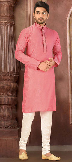 Pink and Majenta color Kurta Pyjamas in Art Dupion Silk fabric with Resham, Thread work