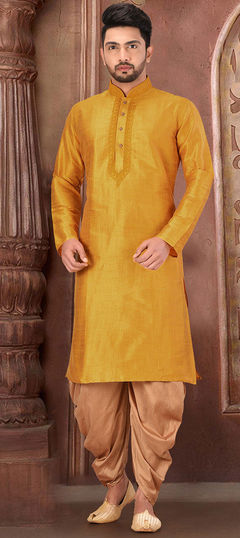 Yellow color Dhoti Kurta in Art Dupion Silk fabric with Resham, Thread work