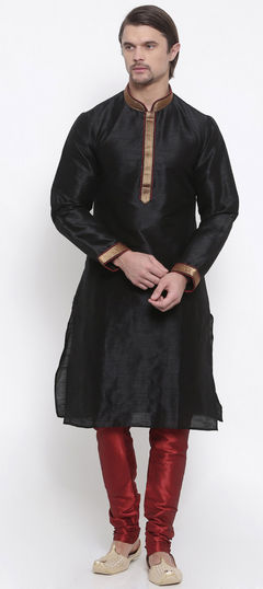 Black and Grey color Kurta Pyjamas in Dupion Silk fabric with Thread work