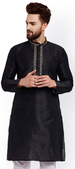 Black and Grey color Kurta in Dupion Silk fabric with Thread work
