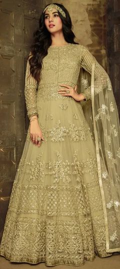 Bollywood, Wedding Beige and Brown color Salwar Kameez in Net fabric with Anarkali Embroidered, Sequence, Thread work : 1660727