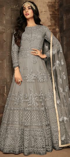 Bollywood, Wedding Black and Grey color Salwar Kameez in Net fabric with Anarkali Embroidered, Thread work : 1660730