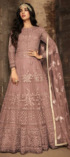 Bollywood, Wedding Pink and Majenta color Salwar Kameez in Net fabric with Anarkali Embroidered, Thread work : 1660734