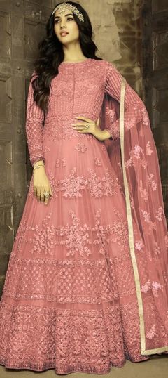 Pink and Majenta color Salwar Kameez in Net fabric with Embroidered, Thread work