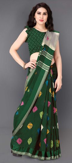 Green color Saree in Cotton fabric with Printed work