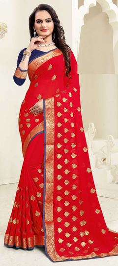 Red and Maroon color Saree in Georgette fabric with Embroidered, Thread, Zari work