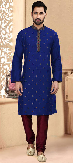 Blue color Kurta Pyjamas in Poly Silk fabric with Thread work