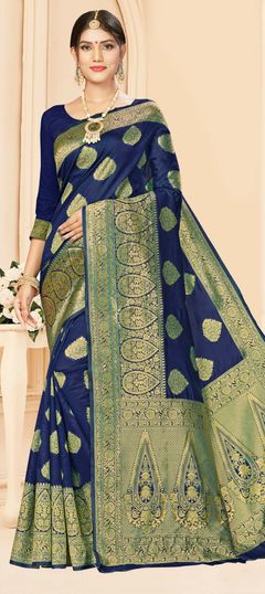 Blue color Saree in Art Silk, Silk fabric with Weaving work