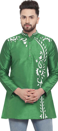 Green color Kurta in Dupion Silk fabric with Embroidered, Patch, Thread work