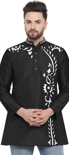 Black and Grey color Kurta in Dupion Silk fabric with Embroidered, Patch, Thread work