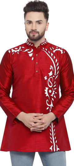 Red and Maroon color Kurta in Dupion Silk fabric with Embroidered, Patch, Thread work