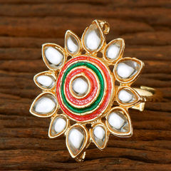 Gold Rodium Polish White and Off White color Ring in Brass studded with Kundan