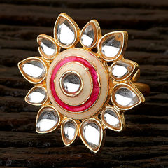 Gold Rodium Polish White and Off White color Ring in Brass studded with Kundan