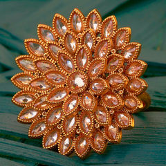 Gold Rodium Polish Beige and Brown color Ring in Brass studded with Kundan