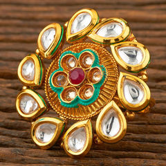 Gold Rodium Polish White and Off White color Ring in Brass studded with Kundan